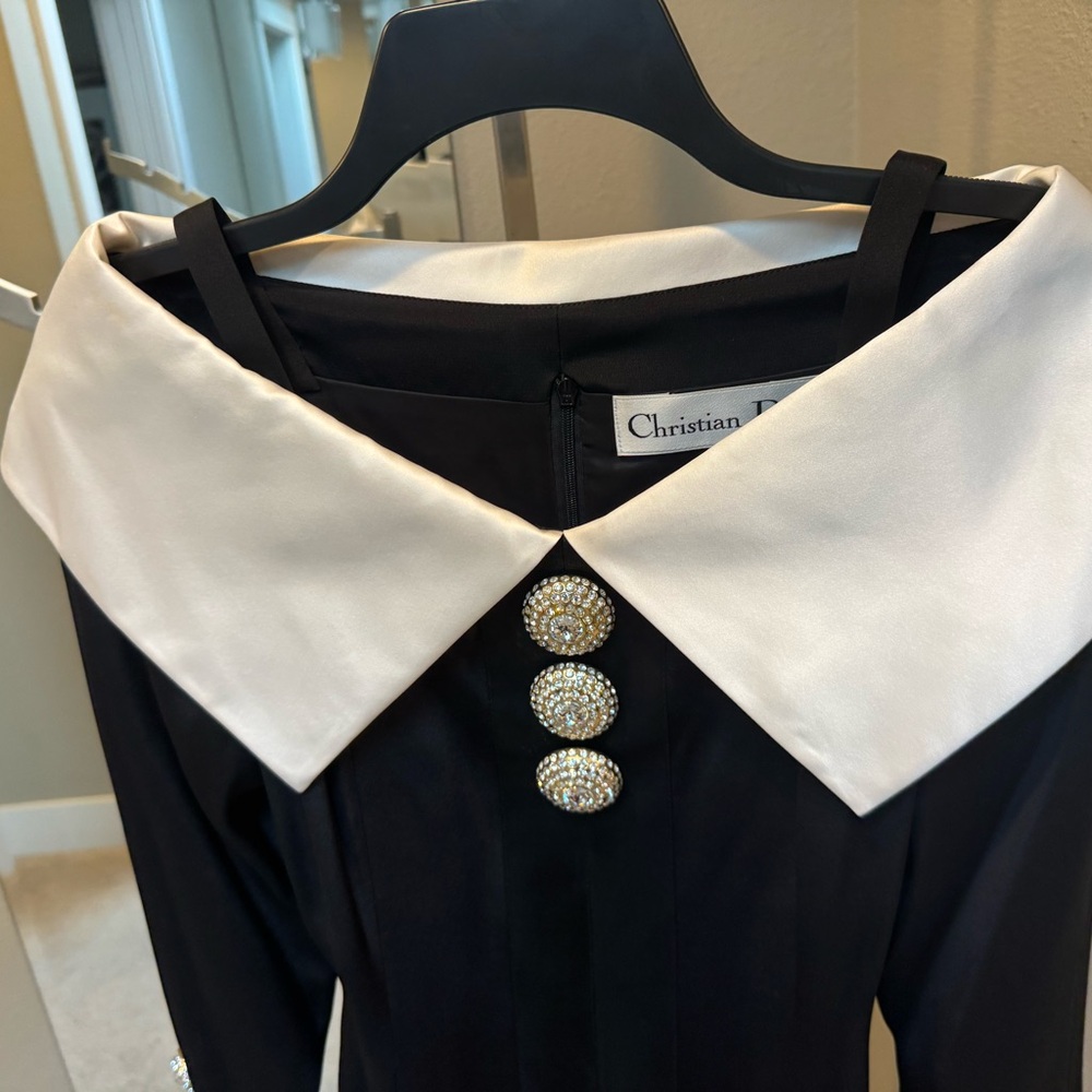 Christian Dior Black Satin - Statement Collar - Couture Embellishments - Dress